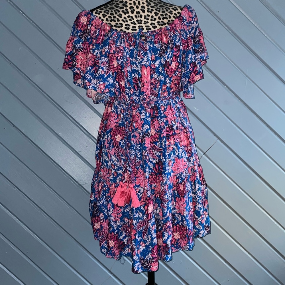 Rachel Rachel Roy pink blue floral flutter sleeve ruffle off shoulder mini dres